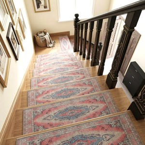 Chic faded pink stair pads adding bohemian vibe to modern interior decor, RB-1991