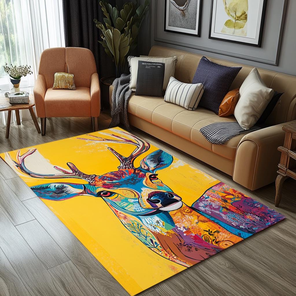 (セール)ポップアート おしゃれなデザインラグ 160x230cm 洗えるポップアート鹿柄ラグ｜カラフルな動物柄リビングルーム