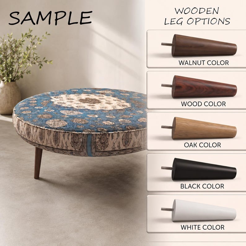 a round wooden ottoman with a blue and white patterned cushion, and there are five different colored wooden leg options displayed next to it.
