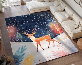 Winter night rug, Deer print rug, Floor covering rug, Durable rug, Anti slip rug, Washable rug, Everyday rug, Front porch rug, RB-902