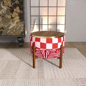 Opvouwbare poef met rood geruit accent | Zebragestreepte bijzettafel RB 2094/2097