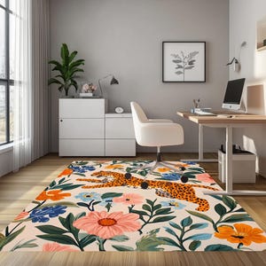 Leopard print rug, Jungle rug, Illustrated rug, Wild flower rug, Anti slip rug, Living room rug, Washable rug, Everyday use rug, RB-807