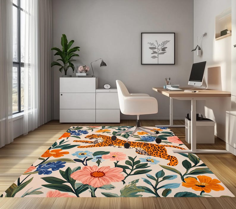 Leopard print rug, Jungle rug, Illustrated rug, Wild flower rug, Anti slip rug, Living room rug, Washable rug, Everyday use rug, RB-807