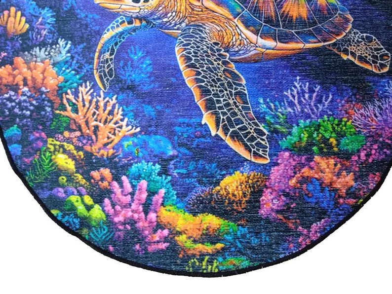 Ocean themed rug, Sea turtle print rug, Round rug, Pictorial rug, Underwater rug, Bedroom rug, Living room rug, Non slip rug, RB-398