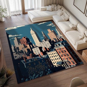 May include: A rectangular rug with a cityscape design, depicting tall buildings under a blue sky. The rug features a dark blue border and a palette of colours including red, beige, and brown. The rug is suitable for a living room.