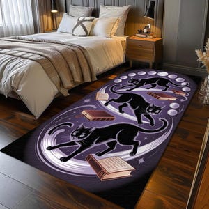 May include: A rectangular purple rug featuring a whimsical design of black cats, books, and celestial elements. The cats are depicted in motion, with open books scattered around. The rug's border has a moon phase design.