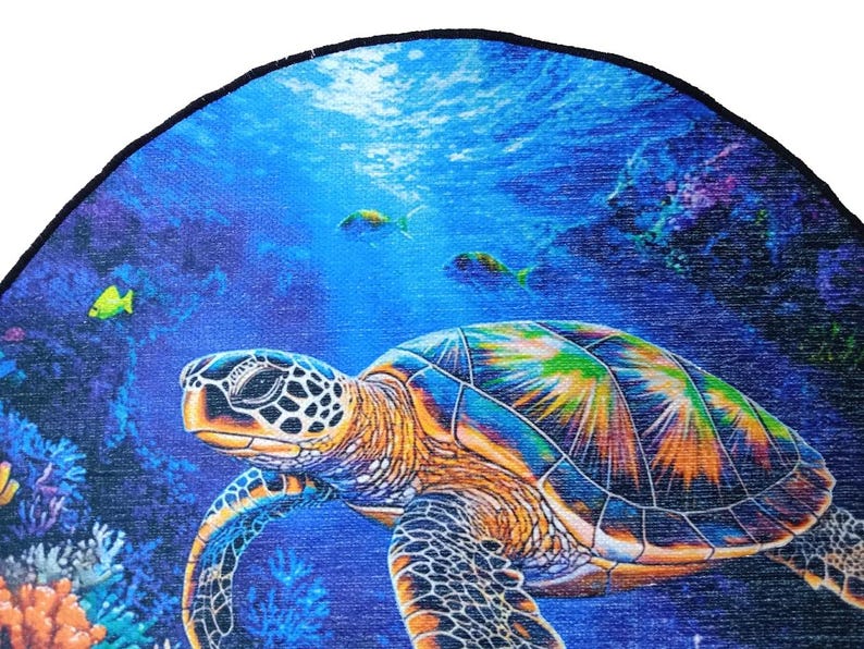 Ocean themed rug, Sea turtle print rug, Round rug, Pictorial rug, Underwater rug, Bedroom rug, Living room rug, Non slip rug, RB-398