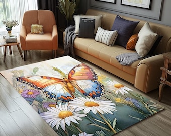 Daisy print rug, Butterfly rug, Bedroom rug,  Utility rug, Farmhouse rug, Tribal rug, Non slip rug, Dorm room rug, Washable rug, RB-1486