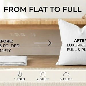 The image is a visual representation of the transformation from a flat, empty pillow to a full, plump pillow. It shows the step-by-step process of how the pillow changes from its initial state to its final, more voluminous form.