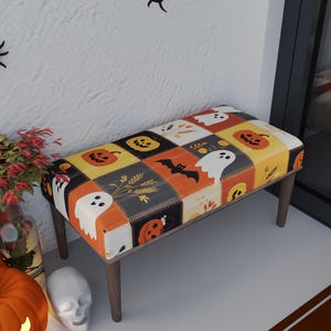 Patchwork motif bench, Halloween theme seat, Pouf with ghosts, Luxury furniture, Bedroom chaise, Modern hall bench, Cool seat, RB bench 1792