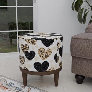 Gothic round stool, Heart print footrest, Handmade pouf, Elegant round seating, Entryway shoe stool, Ottoman mid table, Poufy footstool