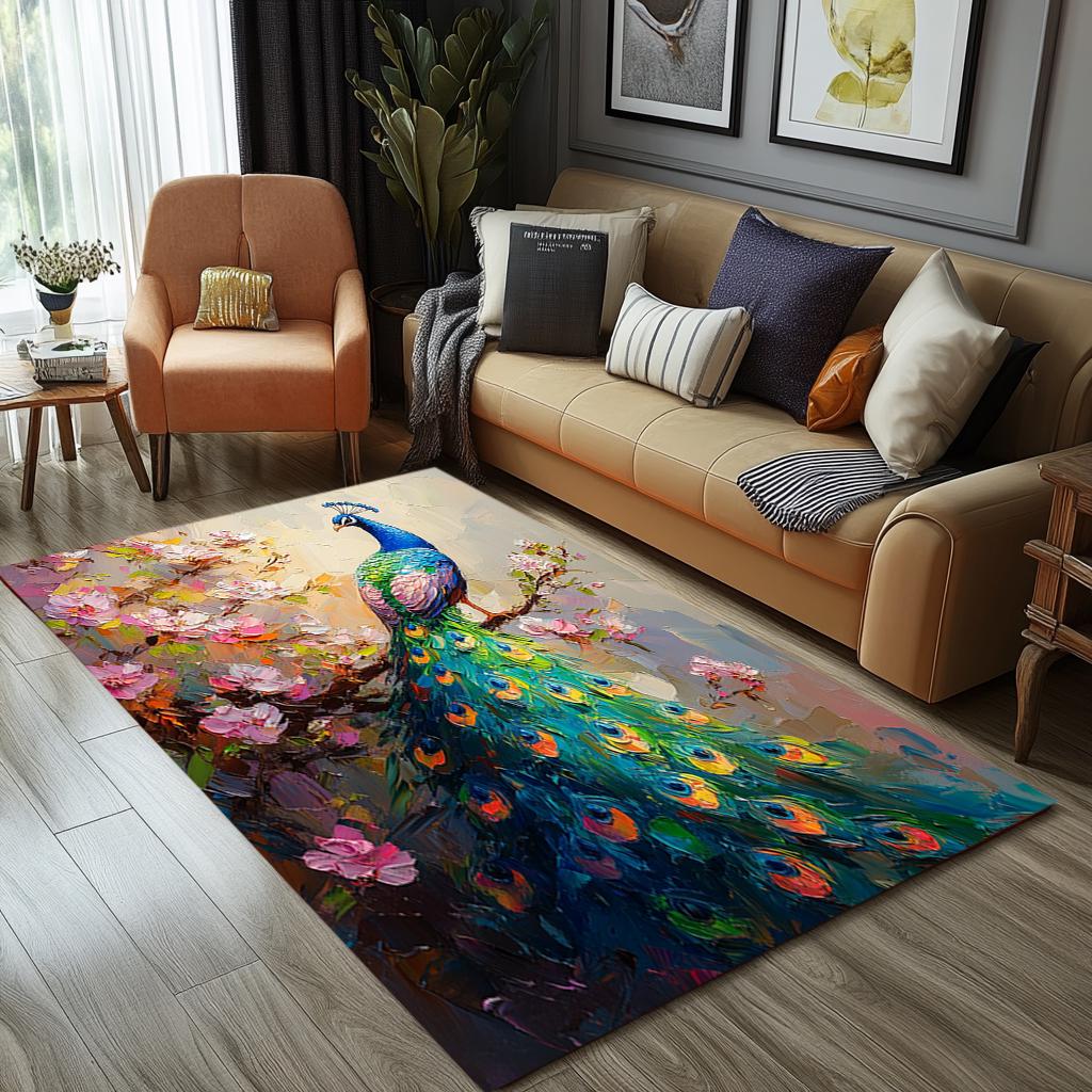 Oil Rug Elegant Peacock Oil Painting Rug | Washable Floral Living Room Carpet ...