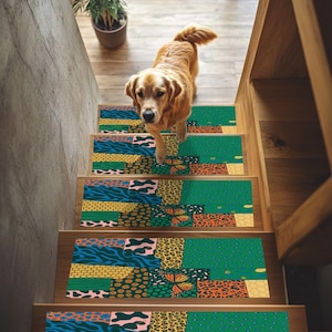 Marche d'escalier en patchwork vert animal | Tapis de maison éclectique à motifs variés, RB-2517