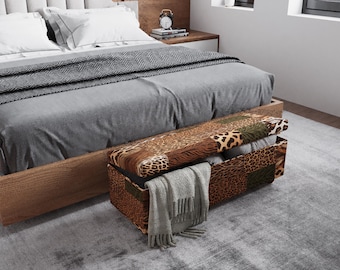 Safari voetenbank met patchwork opberger, gestoffeerde bank met dierenprint en verborgen opberger RB 2092