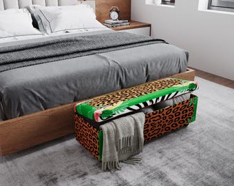 Leopard Print Storage Ottoman Bench with Tropical Trim, Upholstered Bench for Bedroom or Entryway RB 2108