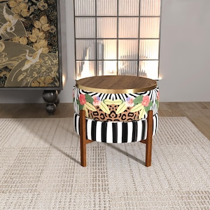Leopard Print Reversible Pouf Ottoman | Striped Floral Wooden Side Table RB 2090/2162