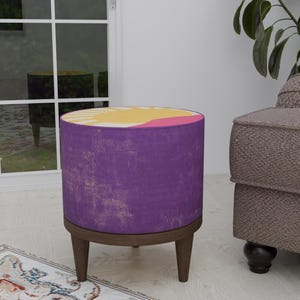 Sun printed round bench, Custom sizes footstool, Purple color home decoration, Trendy round pouf, Bedroom stool, Chic handmade round pouf