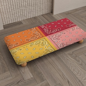 Colorful Patchwork Bandana Wood Footrest | Paisley Pattern Boho Home Stand, RB-2621
