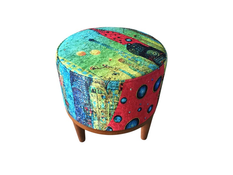 Vibrant color pouf, Upholstered footrest, Frontdoor bench, Artistic furniture, Modern home stool, Designer footstool, Luxury round seat