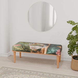 Crocodile print bench, Greenery bench, Wild nature theme bench, Extra seat bench, Ottoman organizer, Entryway shoe bench, RB bench 1148