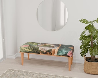 Crocodile print bench, Greenery bench, Wild nature theme bench, Extra seat bench, Ottoman organizer, Entryway shoe bench, RB bench 1148