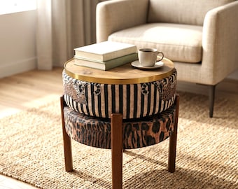 Banqueta Safari Selvagem com Estampa de Leopardo Listrado | Mesa de Centro Reversível com Estampa Animal RB 2118/2149