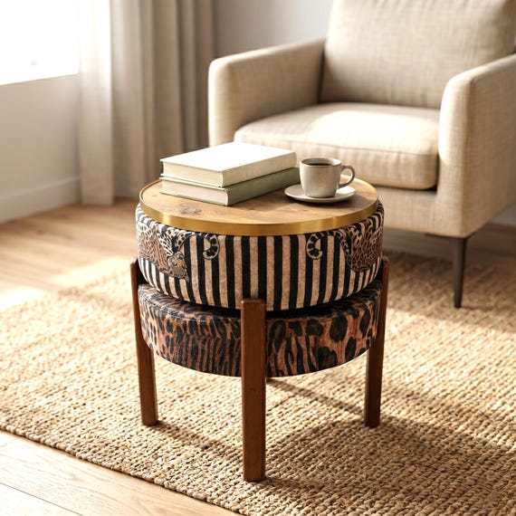 Wild Safari Striped Leopard Stool | Reversible Animal Print Coffee Table RB 2118/2149