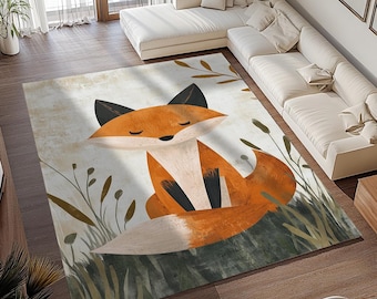 Rug with fox, Washable print rug, Area rug, Modern rug, Cool decoration, Gift for new home, Animal print rug, Non slip rug, RB-650