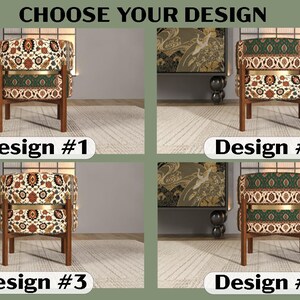 The image is a collage of four images, each depicting a different design of a chair. The chairs have a floral pattern and are placed in various settings, such as a living room and a bedroom.