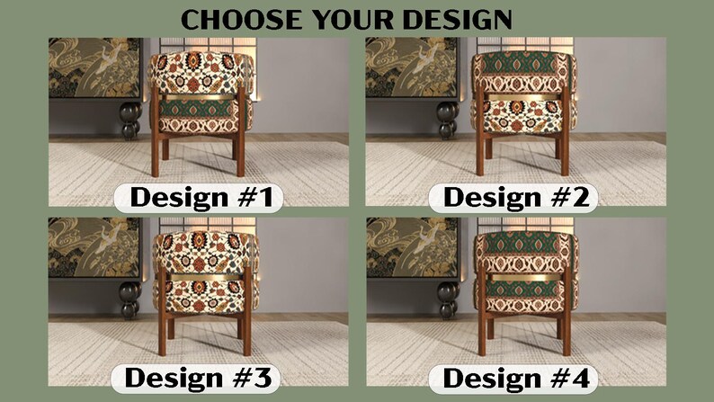 The image is a collage of four images, each depicting a different design of a chair. The chairs have a floral pattern and are placed in various settings, such as a living room and a bedroom.