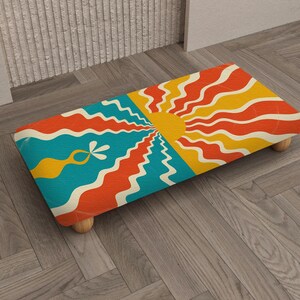 Retro Sunburst Wood Footrest | Psychedelic Yellow Blue Home Step, RB-2548