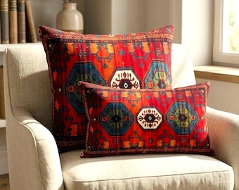 Rust orange and teal geometric lumbar pillow, cozy boho decor, RB-2262