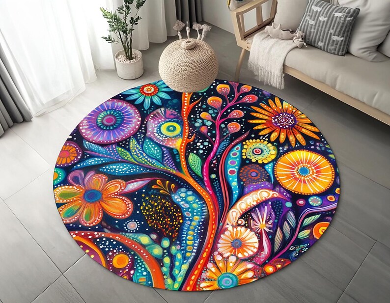 Light color rug, Round rug, Rustic rug, Botanical rug, Movie room rug, Eclectic rug, Utility home decoration rug, Bright area rug, RB-235