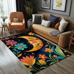 Moon Themed Rug, Floral Area Rug, Modern Washable Rug, Stylish Rug, Suit For Any Room Rug, Bedroom Rug, Comfy Rug, Printed Rug, RB-1309