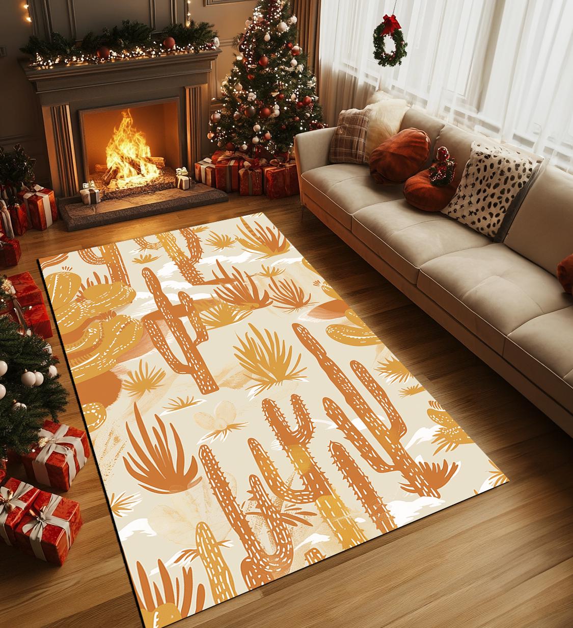 Desert Theme Rug, Cactus Print Rug, Beige Area Rug, Contemporary