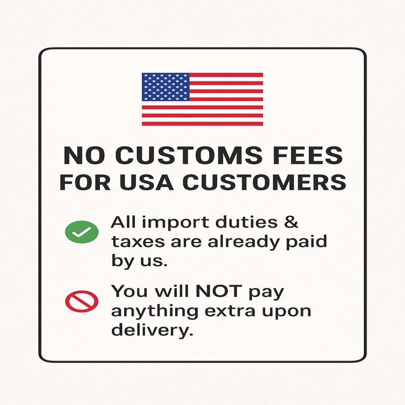 a sign stating "NO CUSTOMS FEES FOR USA CUSTOMERS" with a green checkmark and a red prohibition sign.