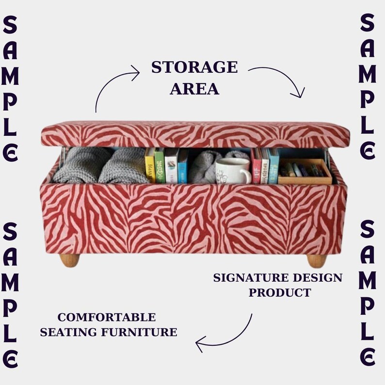 a storage area with a zebra print design, featuring a red and white striped pattern. The storage area is labeled as a "Signature Design Product" and is described as "Comfortable Seating Furniture".