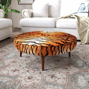 Tiger Stripe Coffee Table | Round Upholstered Mid Table | Bold Safari Inspired Lounge Furniture