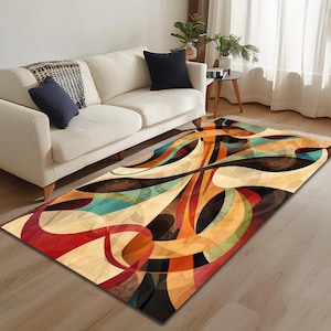 May include: Abstract area rug with a colorful design of swirling lines and shapes in shades of red, orange, yellow, blue, green, and brown on a cream background.