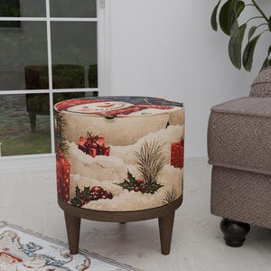 Snowman print pouf, Winter theme stool, Lovely footstool, Decorative footrest, Ottoman round bench, Stool for indoor, Round tea table