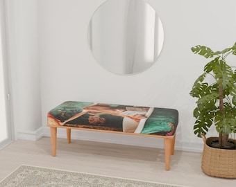 Cow print bench, Bedroom pouf, Ottoman end table, Wood work bench, End of bed bench, Small seating bench, Front window bench, RB bench 1150