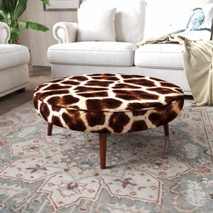 Giraffe Print Coffee Table | Round Upholstered Accent Ottoman | Safari Inspired Cocktail Stool