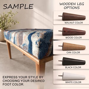 a wooden bench with various colored wooden leg options, including walnut, oak, black, white, and black, arranged in a visually appealing manner.