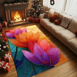 May include: A colorful area rug with a stained glass design featuring two large, overlapping flowers in shades of orange, purple, and pink. The background is a deep blue with gold accents.
