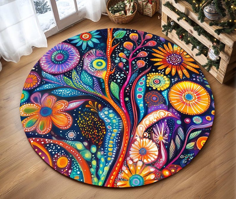 Light color rug, Round rug, Rustic rug, Botanical rug, Movie room rug, Eclectic rug, Utility home decoration rug, Bright area rug, RB-235