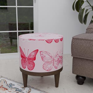 Pinky pouf stool, Butterfly print stool, Poufy ottoman, Round coffee table, Round padded seat, Handmade furniture, Decorative footrest