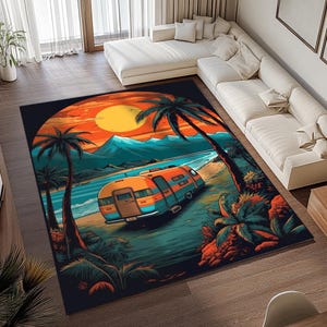 Landscape rug, Coastal themed rug, Non slip backing rug, Floor cover rug, Caravan print rug, Machine washable rug, Eclectic rug, RB-703