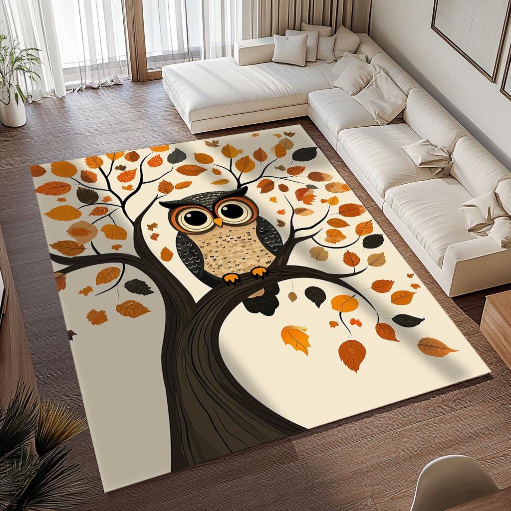 Owl and tree print rug, Bright rug, Bohemian runner rug, Contemporary rug, Large rug, Timeless rug, 