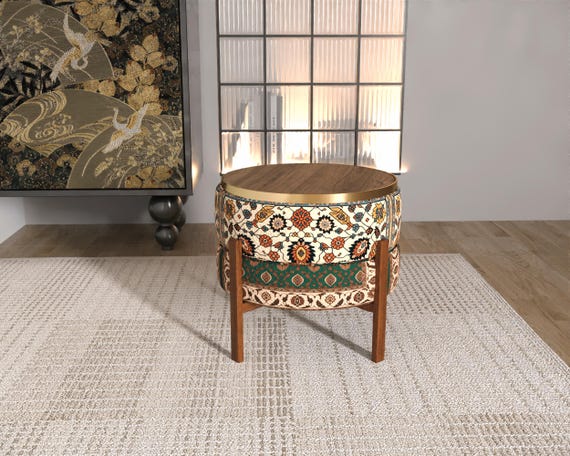 Boho Cream Floral Pouf | Stylish Emerald Green Dual Level Footrest