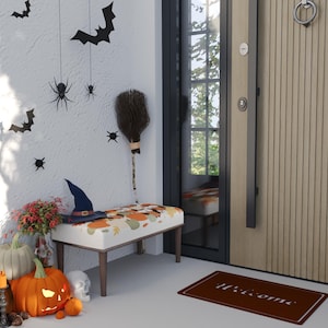 Orange fall bench, Owl pattern seat, Pumpkin stool, Elegant seating, Comfortable bench, End of bed bench, Halloween pouf, RB bench 1722